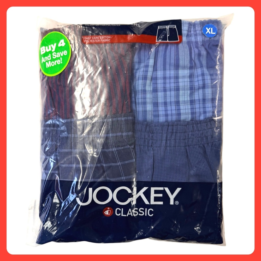 Jockey Full Cut Classic Boxers 4 PACK Men XL Multicolor Plaid Cotton Blend Y2K
